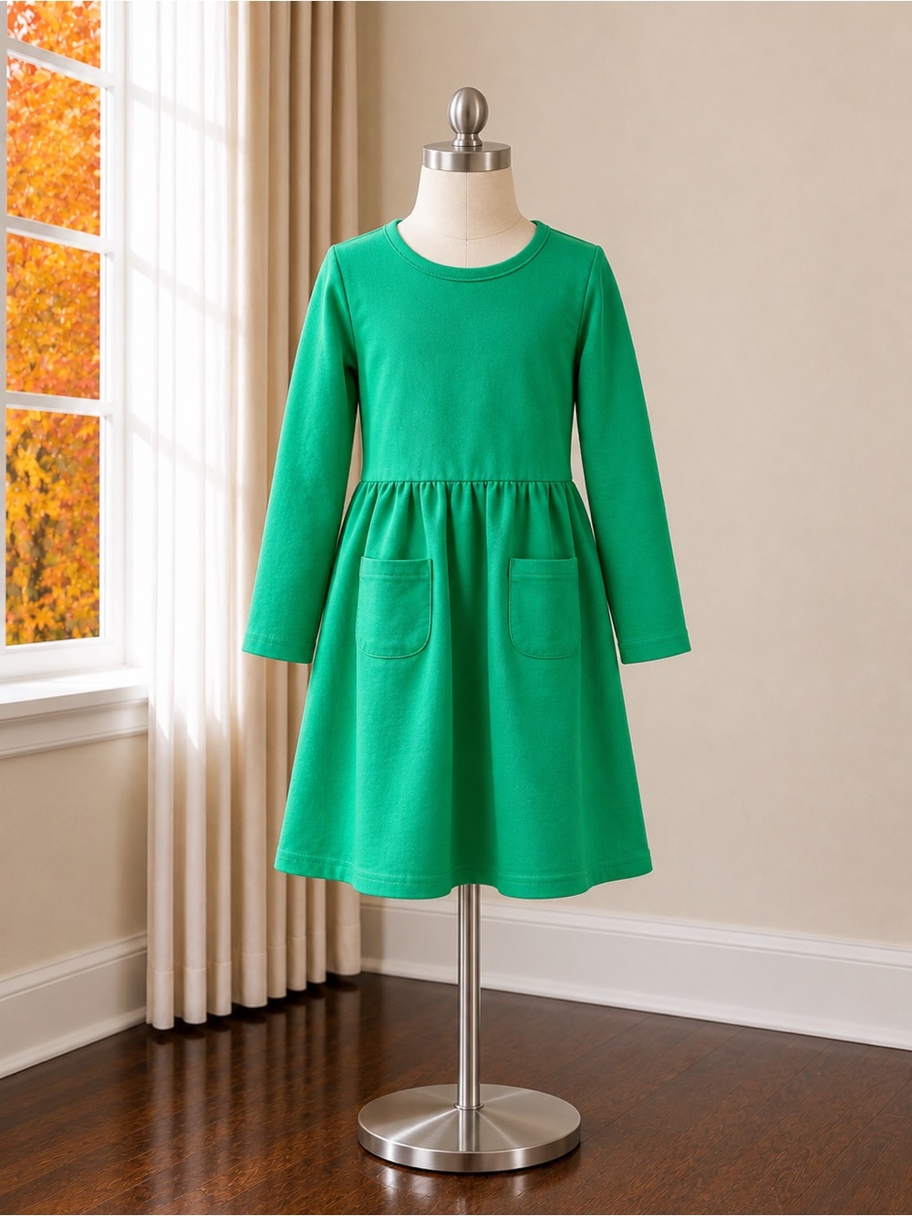 Everyday Girls' Long Sleeve Emerald Green Pocket Dress